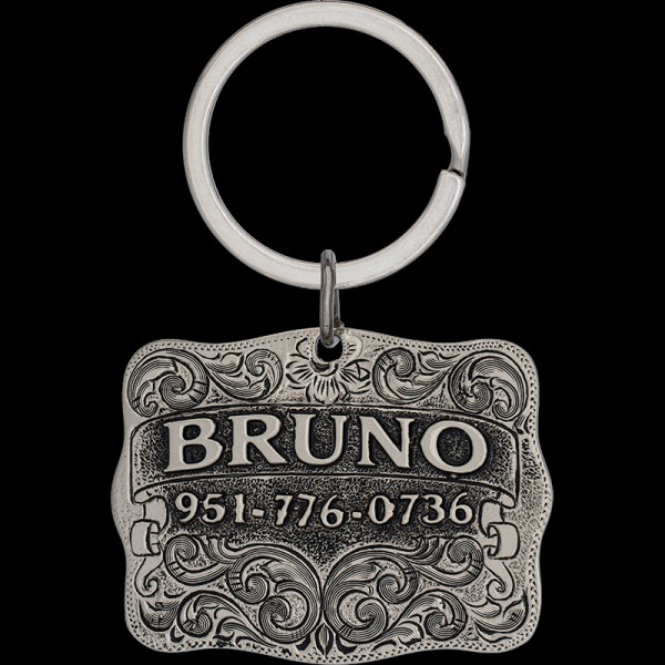 Upgrade your pet's style with our Bruno Custom Dog Tag! Crafted from durable German silver, tag features antique-style letters for a touch of vintage charm. Order now!"